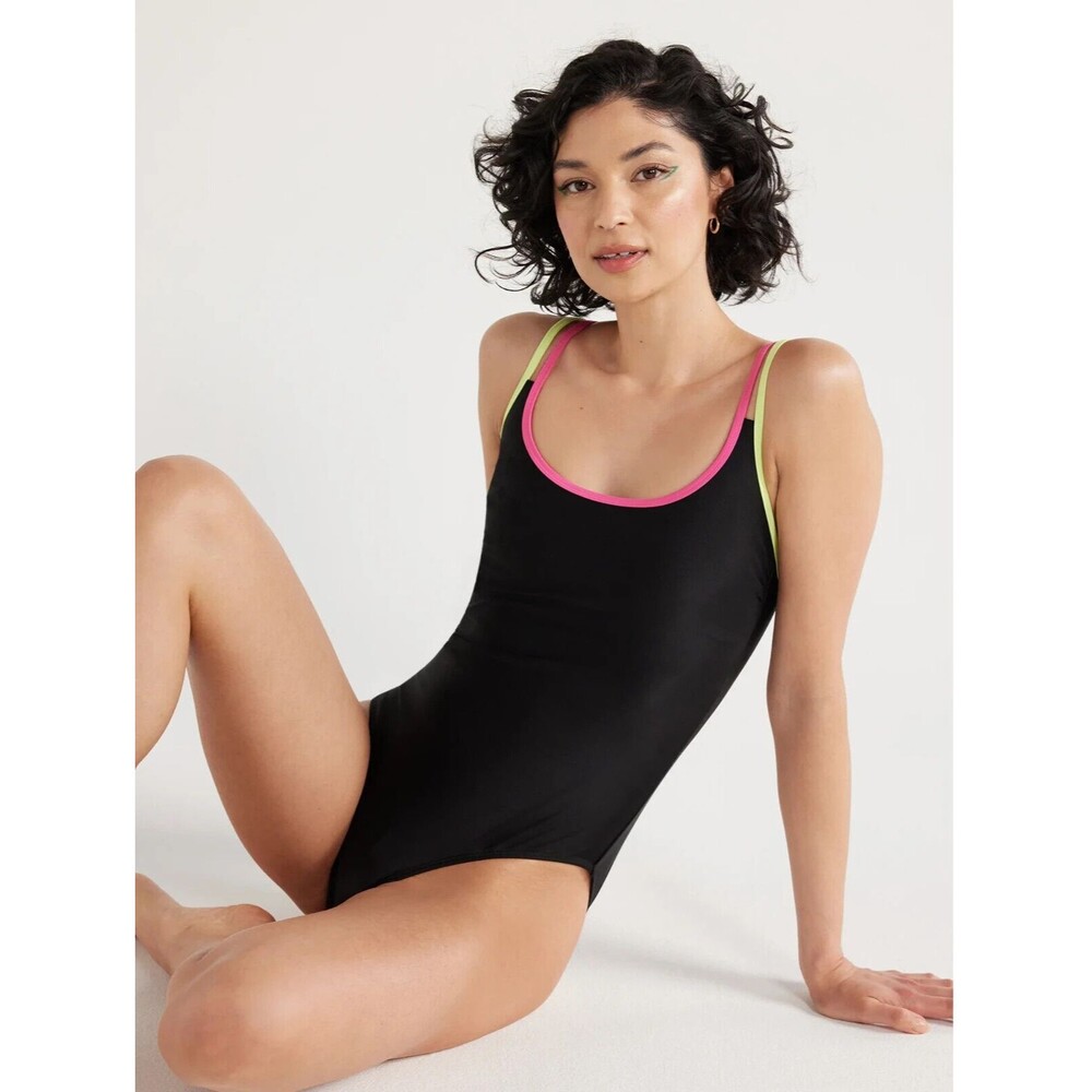 No Boundaries 1PC Swimsuit Rich Black With Pink and Yellow Straps Size L (11-13)